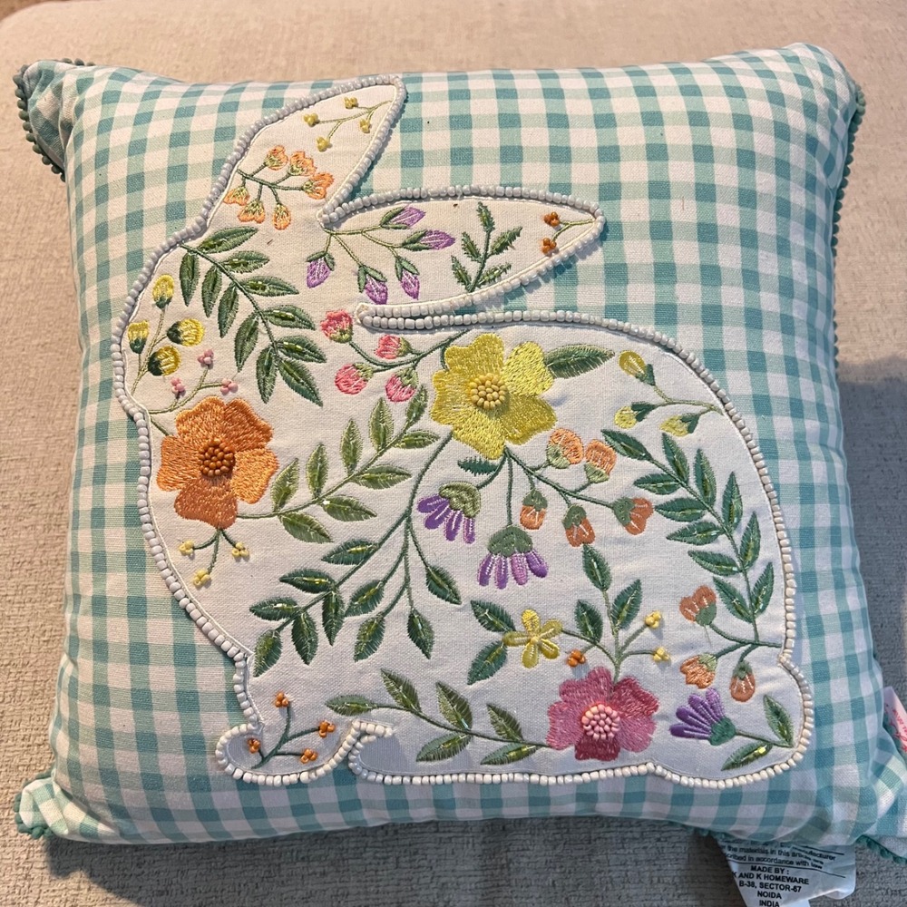 Spring Gatherings Easter Bunny Floral Embroidered Gingham Pom Pom Pillow 16x16